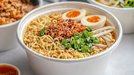Delicious Ramen Served in a Disposable Bowl with Soft-Boiled Eggs, Fresh Green Onions, and Tasty Condiments for a Quick Meal Experience in a Bustling Environment