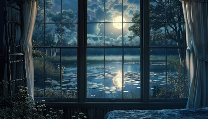 Serene moonlit lake view from a cozy bedroom window, perfect for peaceful ambiance and calming dreams; ideal for travel, nature, or relaxation themes.