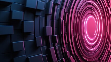 Obraz premium Abstract 3D Soundwave Panel Transitioning with Circular Patterns and Vibrant Neon Lighting for Modern Background Design and Digital Art Projects
