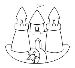 Sandcastle. Summer Sand Castle. Outline Doodle illustration for colouring pages. Editable Stroke. Ocean and sea. Cute colouring page