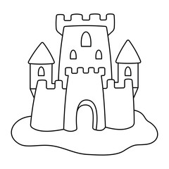 Sandcastle. Summer Sand Castle. Outline Doodle illustration for colouring pages. Editable Stroke. Ocean and sea.