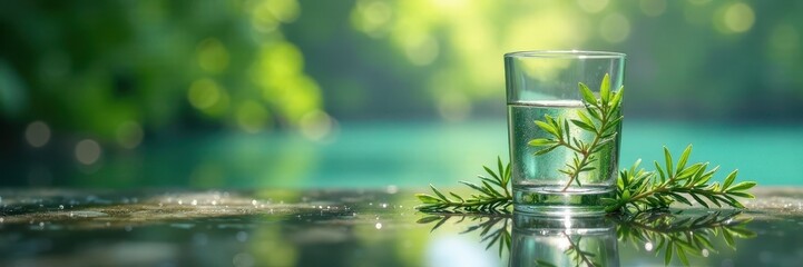 Obraz premium Clear glass, vibrant rosemary sprig adds color to the still water , detail, calm, beauty