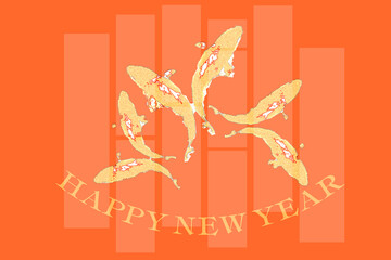 Group of Koi fish in golden pattern and design. Represents animals that bring good luck and prosperity according to Chinese beliefs with word of " Happy New Year " for business printing or postcard.