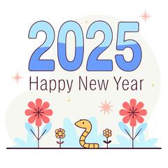 Happy New Year 2025 Celebration Illustration with Snake & Flowers Illustration Design
