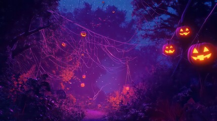 Enchanting Halloween night scene in a dark forest with glowing jack-o'-lanterns hanging from spooky trees and vines.