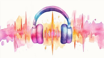 Obraz premium Vibrant Watercolor Depiction of Headphones Surrounded by Colorful Sound Waves, Illustrating the Essence of Audio and Music Experience