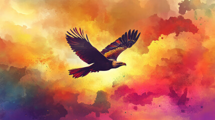 Fototapeta premium majestic eagle soars through vibrant sunset sky, surrounded by glowing clouds in colorful and dynamic display of nature beauty