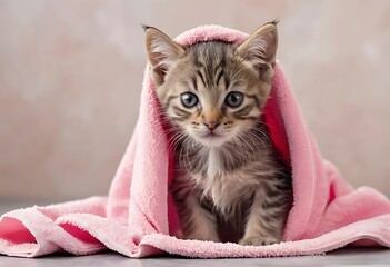 Adorable Kitten Wrapped In A Pink Towel