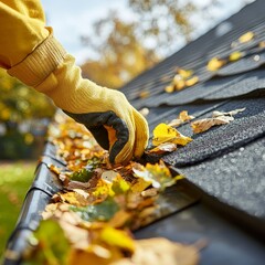 Hand Clearing Leaves from Rain Gutter During Autumn Season