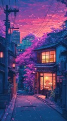 Fototapeta premium A beautiful Japanese Tokyo city street at sunset anime cityscape _ The sunset casts a magical glow over Tokyo��s lively streets, depicted in vibrant anime style. HD phone wallpaper.