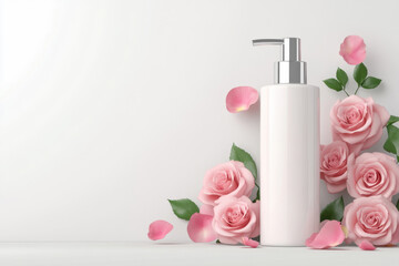 Obraz premium modern cream pump bottle surrounded by pink roses and petals, creating serene and elegant atmosphere