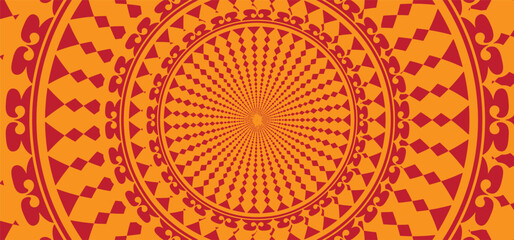 abstract pattern.Vibrant abstract sun design with intricate tribal patterns and geometric shapes, set against a bright orange background with radiant sunbeams and subtle texture.