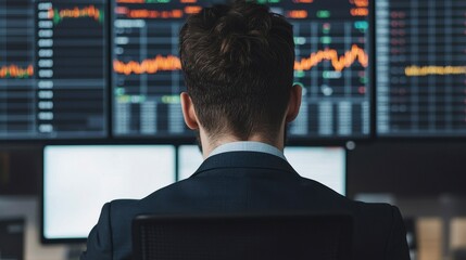 Fototapeta premium Professional Individual Engaged in Real-Time Stock Monitoring with Multiple Screens Displaying Market Trends and Data Analysis in a Modern Office Environment