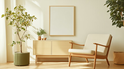 Fototapeta premium Cozy living room with modern furniture plants and natural light in a serene setting