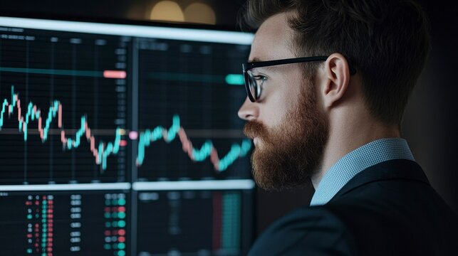 Professional financial analyst working in real-time stock market monitoring with advanced technology and data visualization on screen, focused on trends and analytics.
