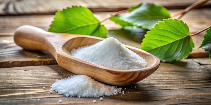 Close-up of scoop filled with xylitol sugar substitute next to birch sugar, leaves, and wood, xylitol