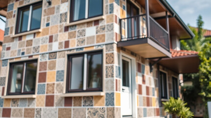 Fototapeta premium Two-story house with multicolored tile facade. Features multiple windows, a balcony, and a visible entrance. The building is partially obscured by vegetation.