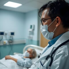 Fototapeta premium Doctor providing care and support to a patient in a hospital.