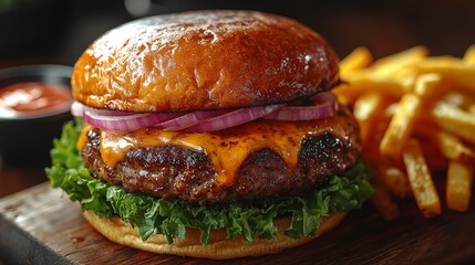 Juicy Cheeseburger with Lettuce and Onion Rings, Photo