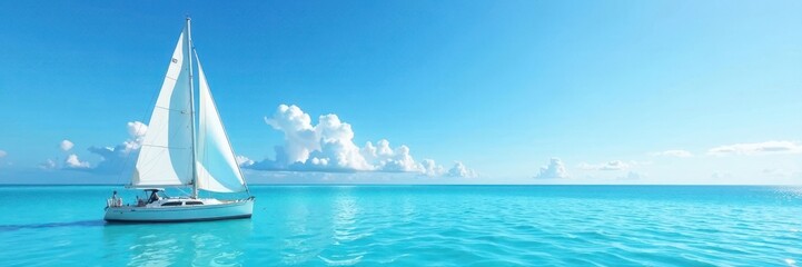 Fototapeta premium Sailing boat floats on calm turquoise waters with a bright blue sky above , sailboat, waves