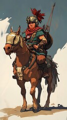 A mounted warrior in armor, poised with a bow, embodies strength and readiness for battle.