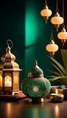 Obraz premium A stunning Arabic-themed emerald green background with gold decor, lanterns, and glowing lights.