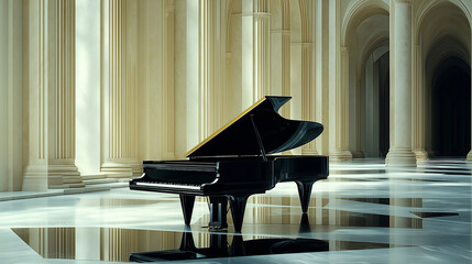 Gothic piano in a bright hall showcases elegant architecture and serene atmosphere