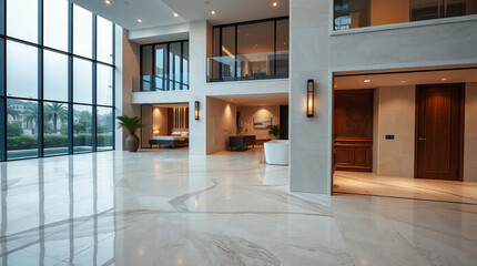 Modern Lobby Interior with Floor-to-Ceiling Windows and Mezzanine