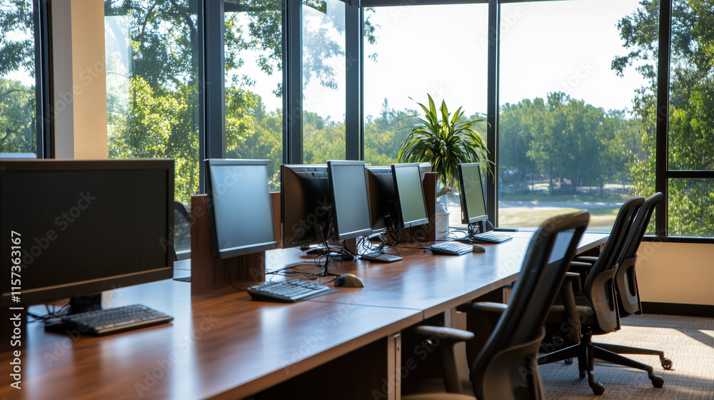 Poster workspace with multiple computers and a view of nature in a modern office setting