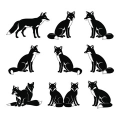Set of vector fox silhouette with white background