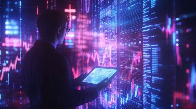 Man reviewing data on tablet, futuristic background.