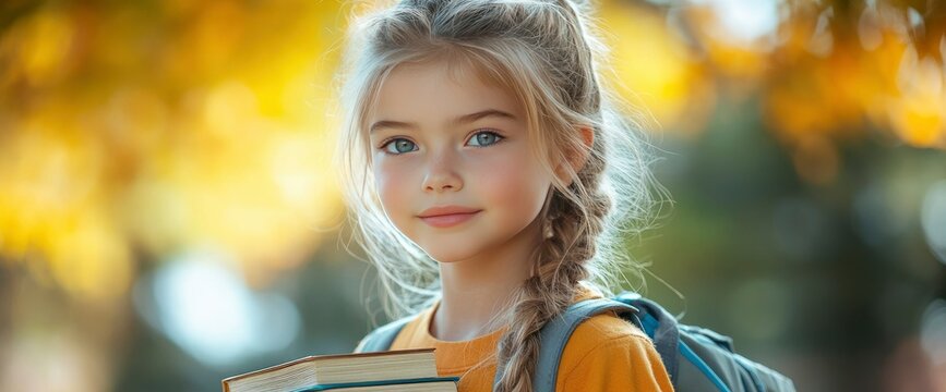 Adorable Little Girl with Books and Backpack in Autumn Park