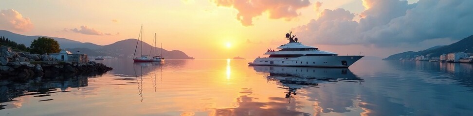 Obraz premium Reflections of yacht in calm Portsmouth morning bay, ship, harbor, nautical