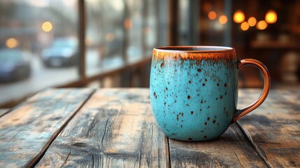 Teal mug on rustic wooden table.