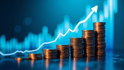Financial stock market graph and rows of coins growth, abstract and symbol for finance concept, business investment and currency exchange, on blue background