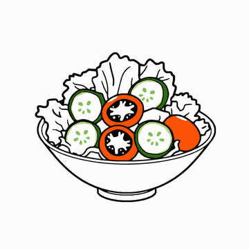 recommend clip art: salad bowl outline vector illustration with lettuce and tomatoes
