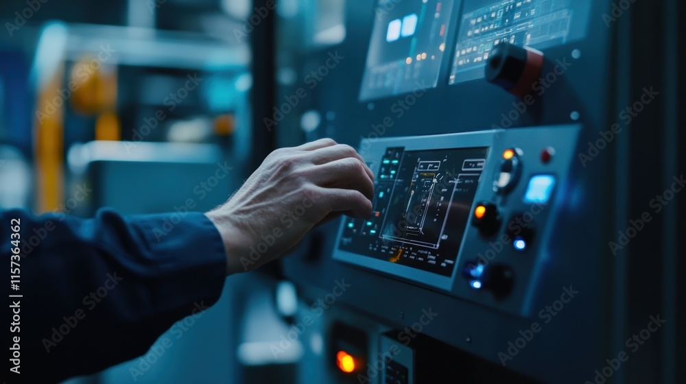 Poster a closeup shot of a machines control panel where an operator uses touch controls to recalibrate sett
