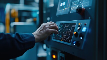A closeup shot of a machines control panel where an operator uses touch controls to recalibrate settings based on alerts received from connected IIoT sensors indicating a potential