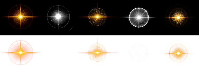 Sparkling round radiant light rays gold white lens flare effect png clipart transparent