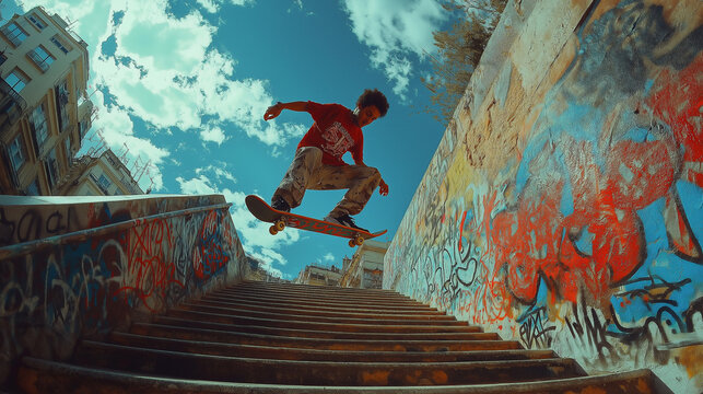 Adult man performing a skateboard trick over graffiti-covered stairs in an urban setting on a sunny day