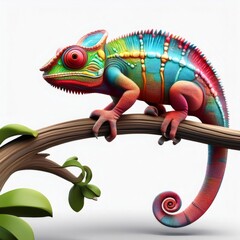 Fototapeta premium Colorful cartoon chameleon camouflaging, perching on branch against white backdrop