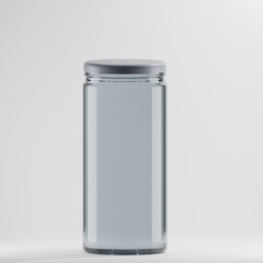 A sleek glass jar with a grey lid stands tall against a plain white background, creating a clean and minimalist aesthetic.