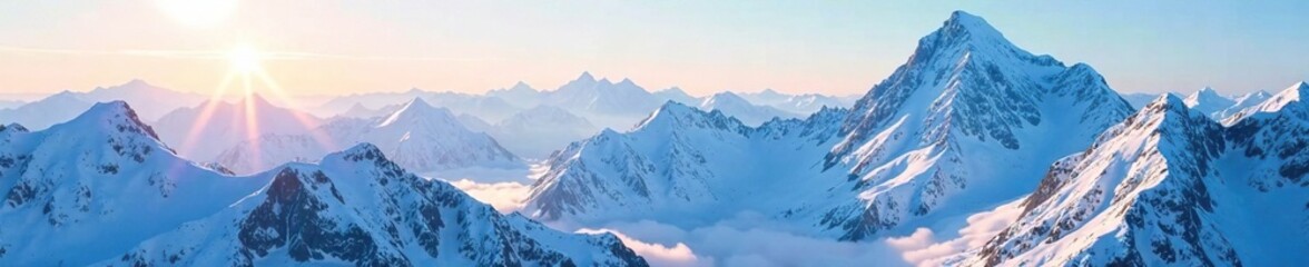 Snow-covered mountain peaks glistening in sunlight, cold, scenery