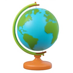 Vibrant 3D globe rotating, showcasing colorful continents and playful design against crisp white backdrop