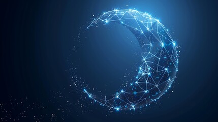 Obraz premium Crescent Moon Digital Art Glowing Network Lines Dark Blue Background