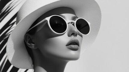 Stylish Woman in Hat and Sunglasses Against Minimalist Black and White Background © The 2R Artificiality