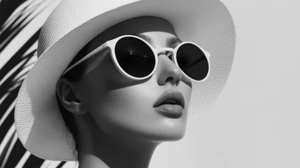 Stylish Woman in Hat and Sunglasses Against Minimalist Black and White Background © The 2R Artificiality