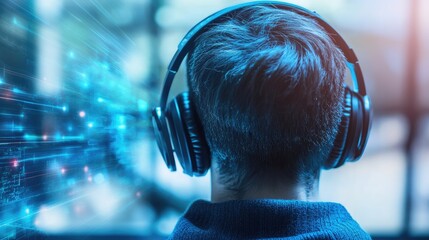 Man engaging with audio technology focused on IoT connectivity and cybersecurity in a digital environment