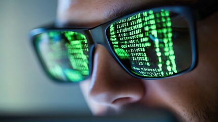 Man working on laptop with reflected digital code in glasses showcasing cybersecurity and tech themes