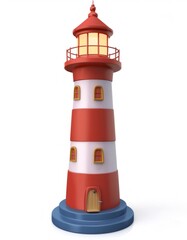 3D rendering showcasing a colorful cartoon lighthouse, illuminating its light against a clean white background, emphasizing maritime guidance